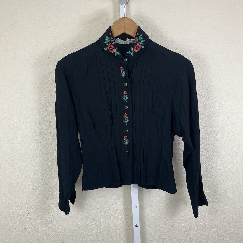 Kiz Vintage Embroidered Button Down Blouse Womens 6 Black Folk Floral
